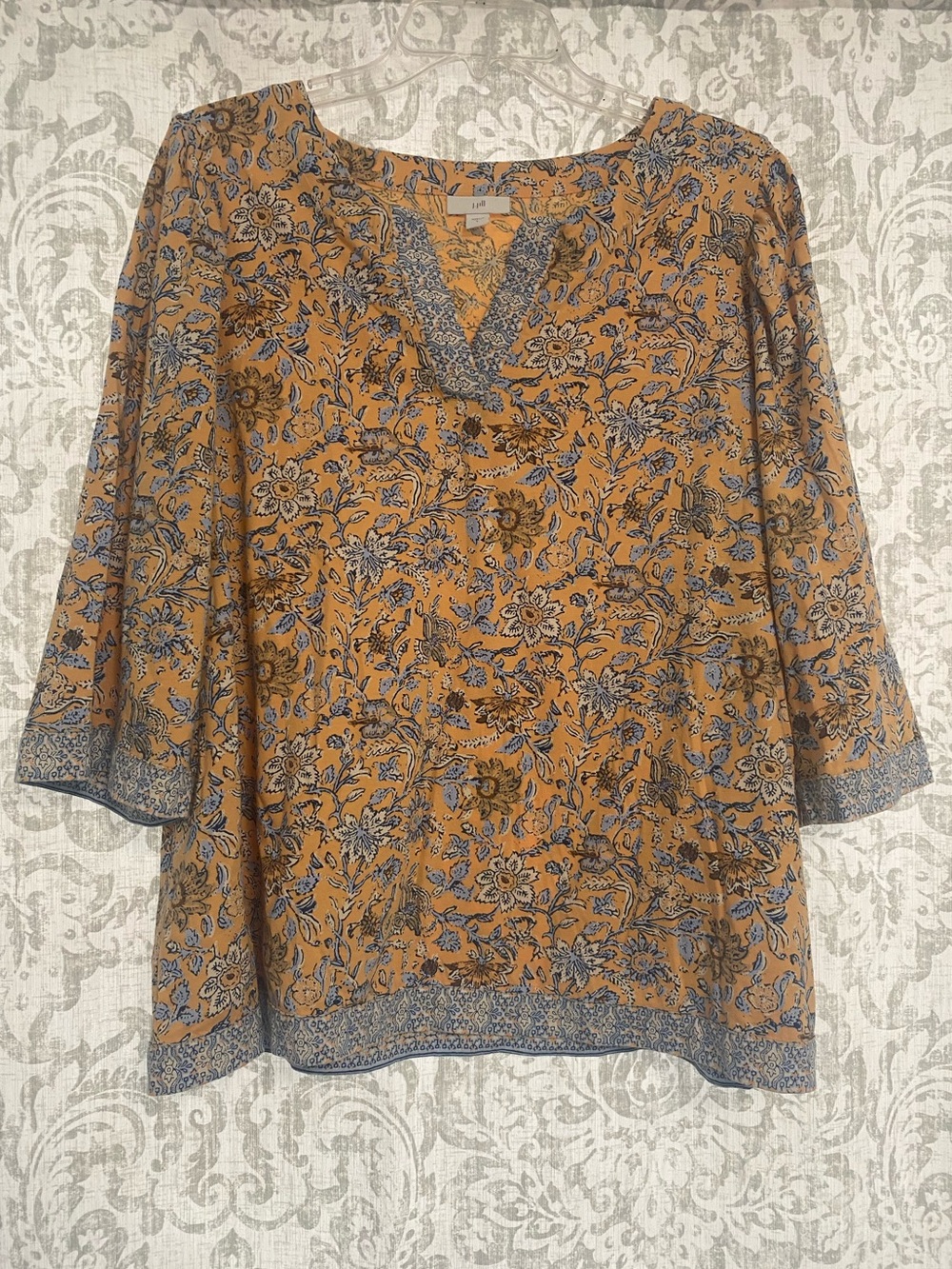 J Jill Cotton Sleeve V Neck Floral Boho Fall Festival Top Yellow Blue Brown L